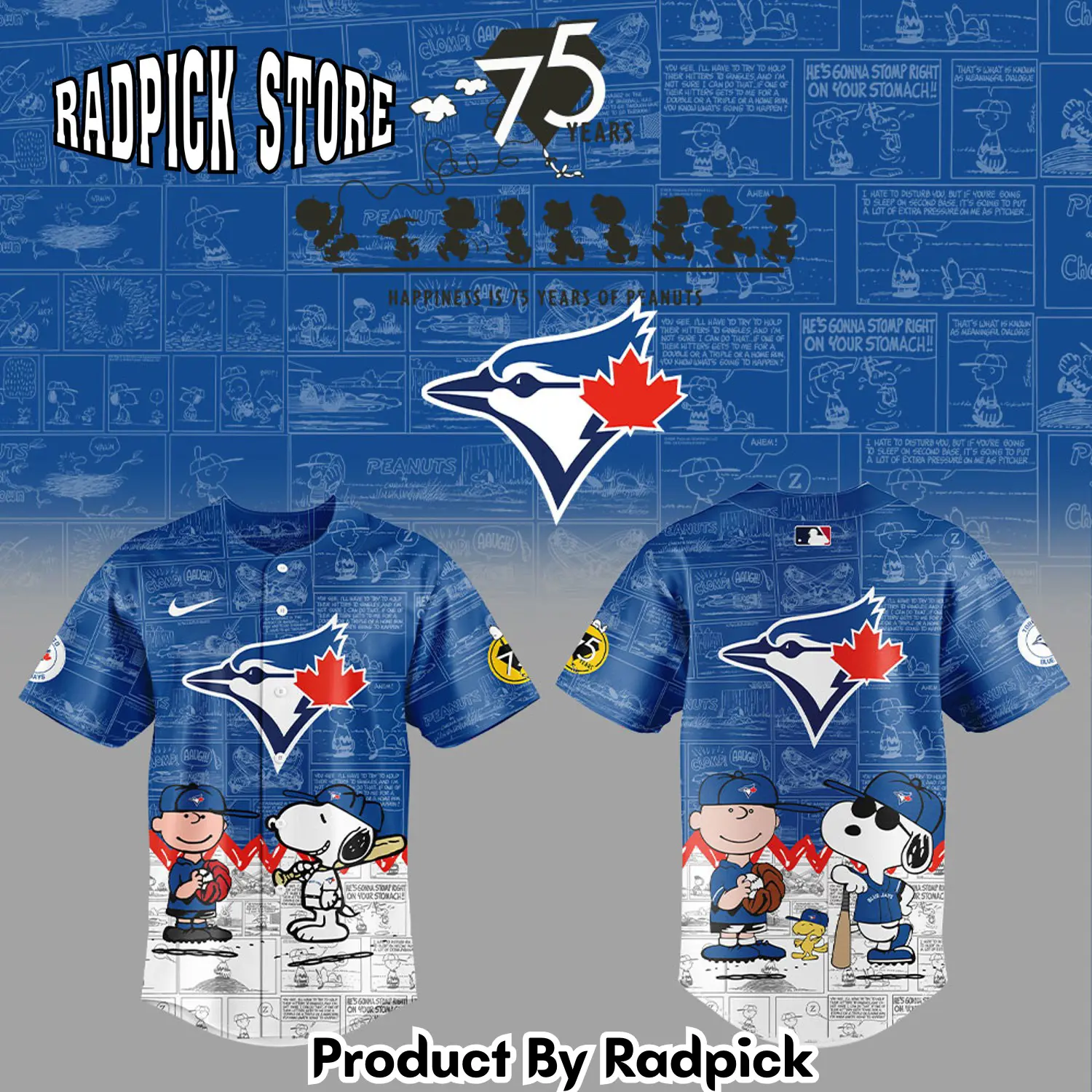 Radpick toronto blue jays 75th anniversary of peanuts new baseball jersey ypn rp12720